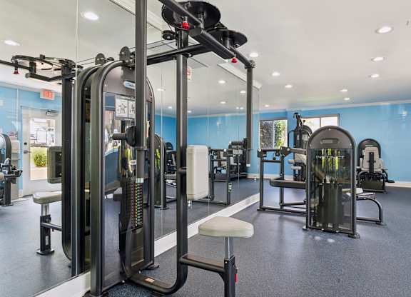 A gym with a variety of equipment including a leg press machine.