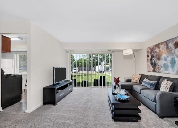 a living room with a gray couch and a black coffee table