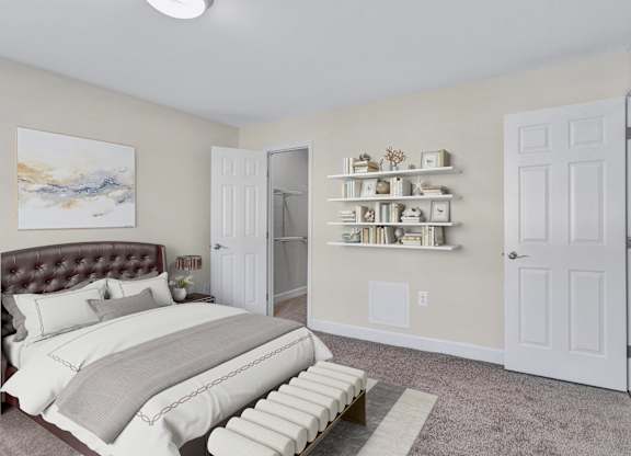 A bedroom with a large bed and a painting on the wall.