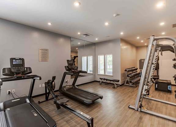 A spacious gym with treadmills, elliptical machines, and a weight rack.