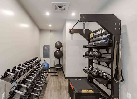 A gym room with a row of weight racks and a ball.