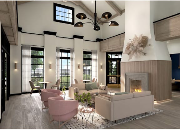 A modern living room with a fireplace and a large window.