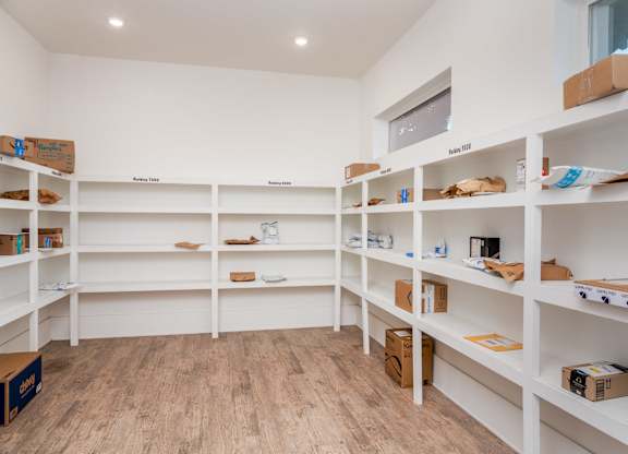 A room with white shelves and boxes on them.