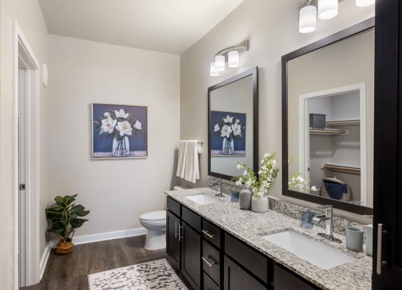 a bathroom with two sinks and a mirror