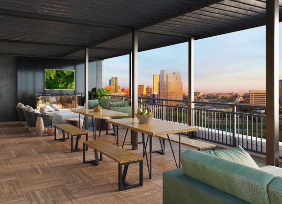 a rendering of a rooftop terrace with a couch and tables