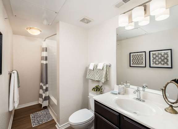 A bathroom with a toilet, sink, and mirror.