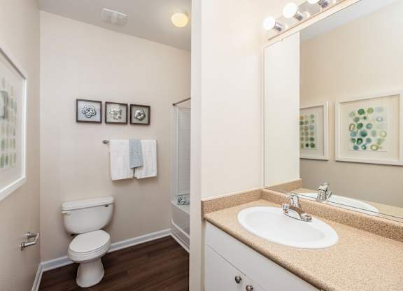 A bathroom with a toilet, sink, and mirror.