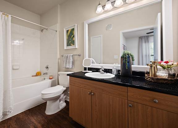 A bathroom with a white toilet, a sink, and a bathtub with a shower curtain.