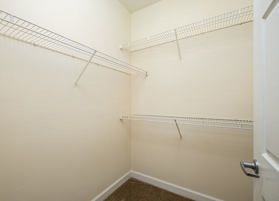 A white closet with a door and shelves.