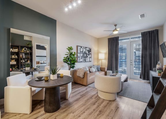 a living room with a couch and a table