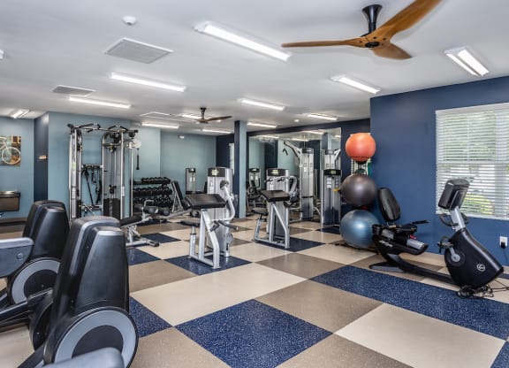 a gym with cardio equipment and weights on a checkered floor