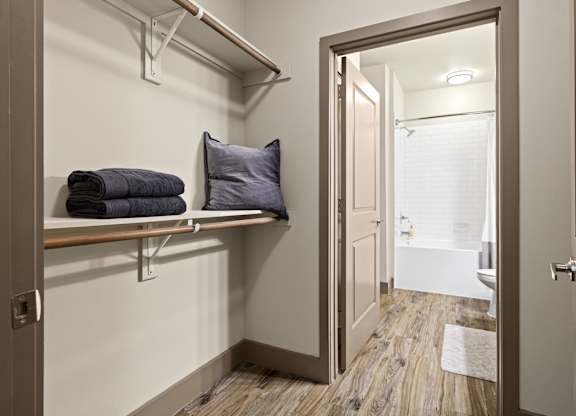 A bathroom with a towel rack and a pillow.