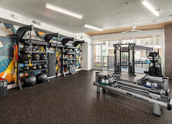 A gym with a variety of equipment including a rowing machine.