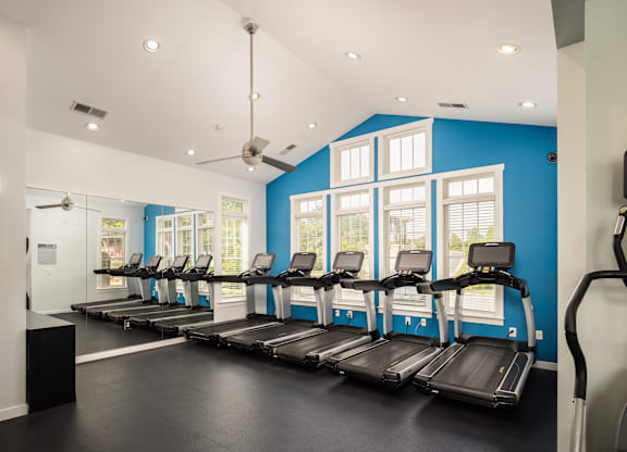 A gym with treadmills and a fan.