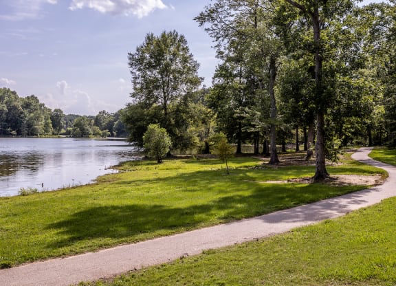 a path through a park with a lake in the background