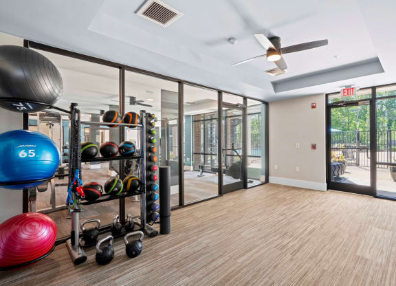 the preserve at ballantyne commons fitness room with weights and mirrors