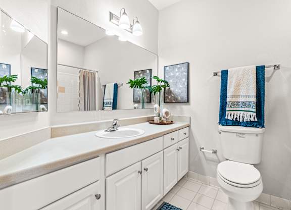 A white bathroom with a large mirror and a white toilet.