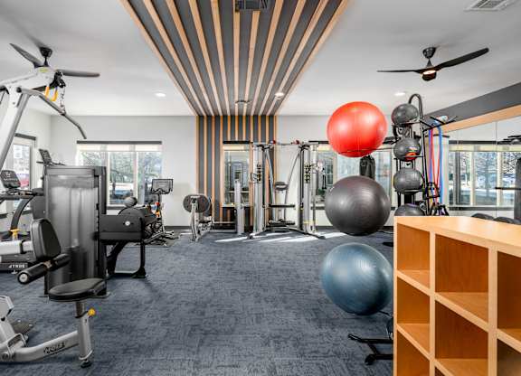 A gym with a variety of equipment including a weight bench, a rowing machine, and a squat rack.