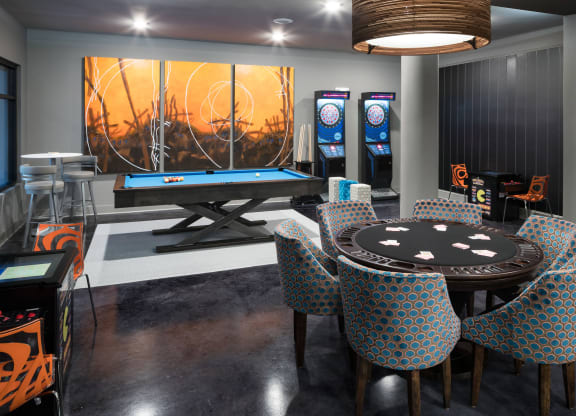 Game Room with Billiards, Shuffleboard, Darts, Vintage Arcade Gaming System, Poker and TVs