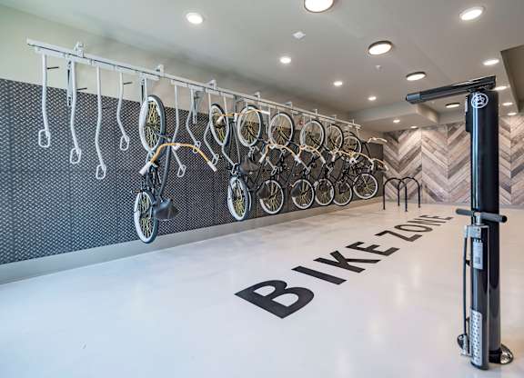 a large bike rack in the center of the store