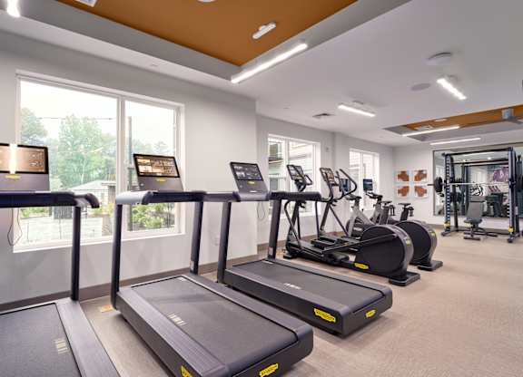 A gym with treadmills and exercise bikes.