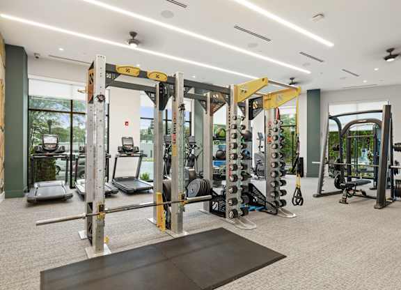 A gym with a variety of equipment including a squat rack, bench press, and a rowing machine.