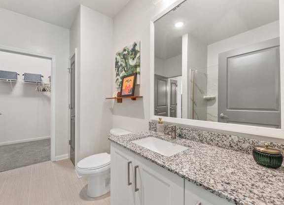 A bathroom with a toilet, sink, and mirror.
