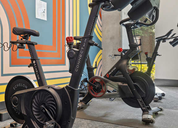 A stationary exercise bike is leaning against a wall.