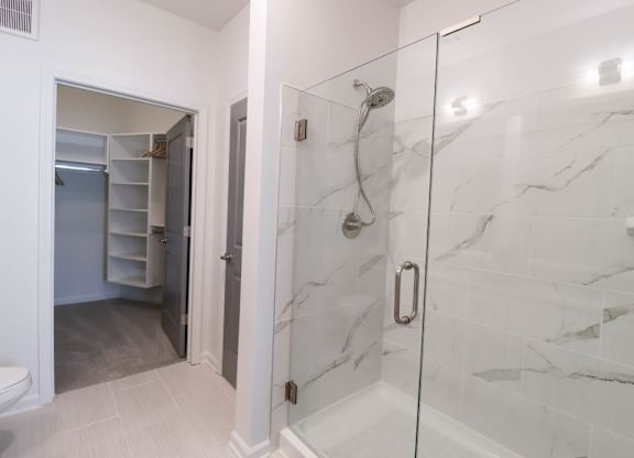 a bathroom with a shower and a closet