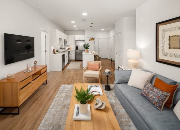 a living room with a couch and a table