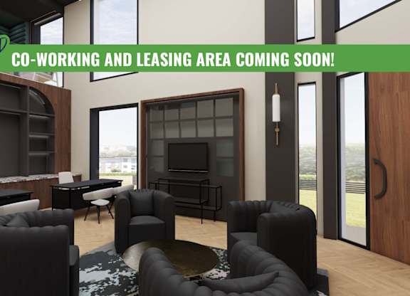 A modern office space is being advertised for co-working and leasing.