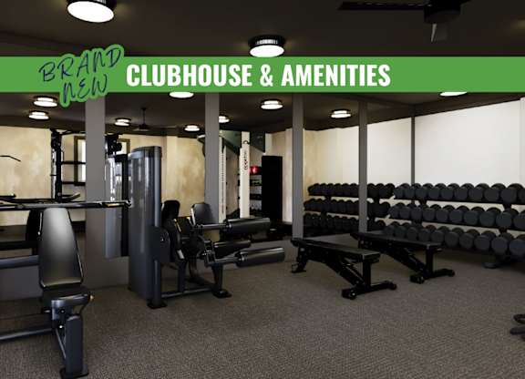 A gym with a green sign that says "Brand New Clubhouse & Amenities".