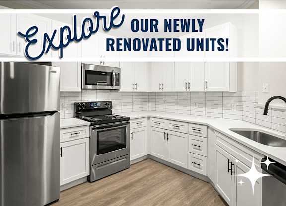 A kitchen with a refrigerator, oven, microwave, and sink is advertised as newly renovated.