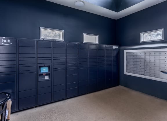 a row of lockers in a blue room with pictures on the wall