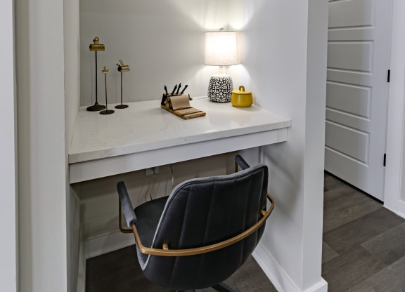 a workspace with a chair and a desk in a closet