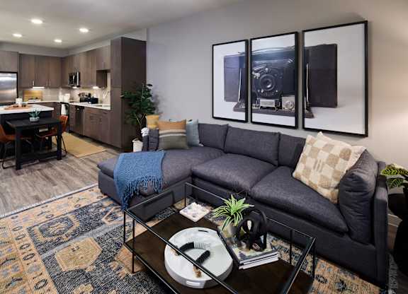 A modern living room with a grey couch and a coffee table.