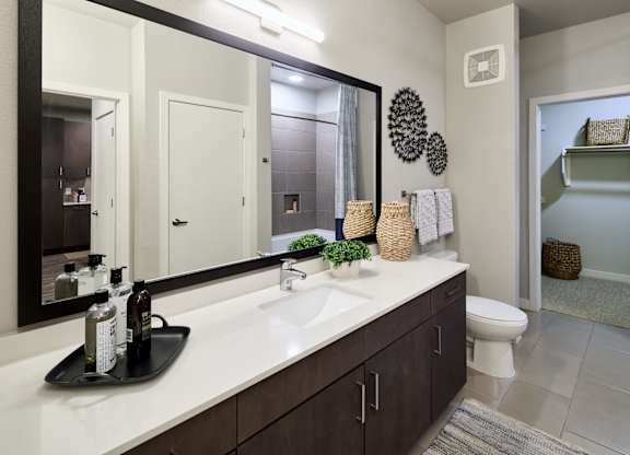 A bathroom with a white counter top and a large mirror.