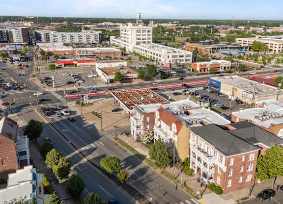 A cityscape with buildings and roads.