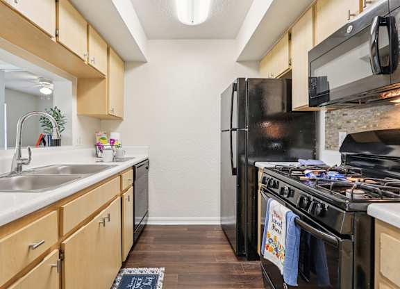 A kitchen with a black refrigerator and stove.