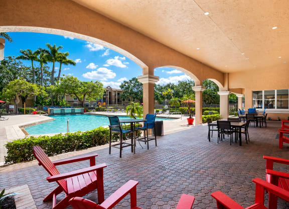 a patio with tables and chairs and a swimming pool at Pembroke Pines Landings, Pembroke Pines, FL, 33025
