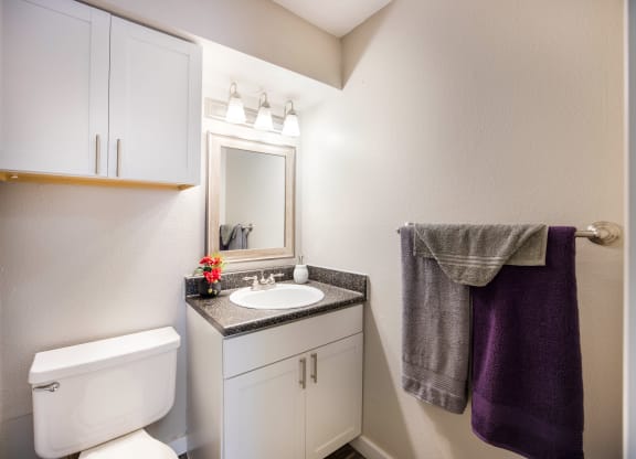 Bathroom with a toilet sink and mirror at Windmill Apartments, Colorado, 80916