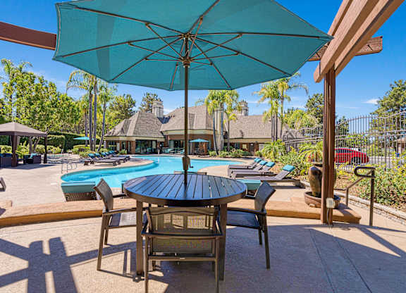 A patio with a table and chairs under an umbrella.