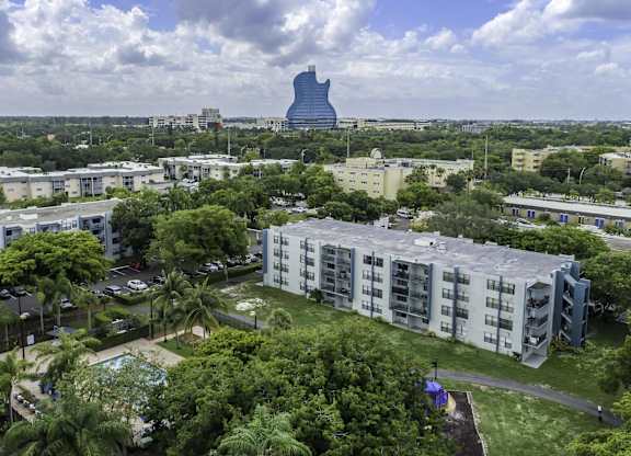 a cityscape with a large blue water tower in the background and apartment buildings in the foreground  at Club at Emerald Waters, Hollywood