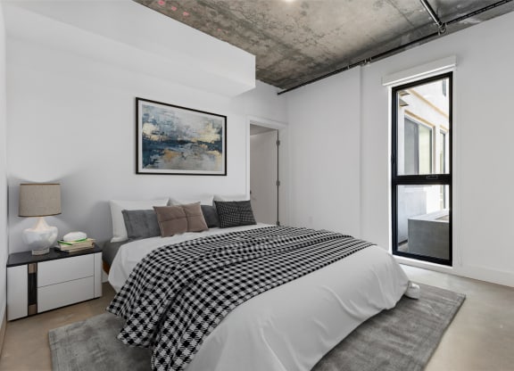 Bedroom with queen-sized bed, white bedding, and a black/white throw.