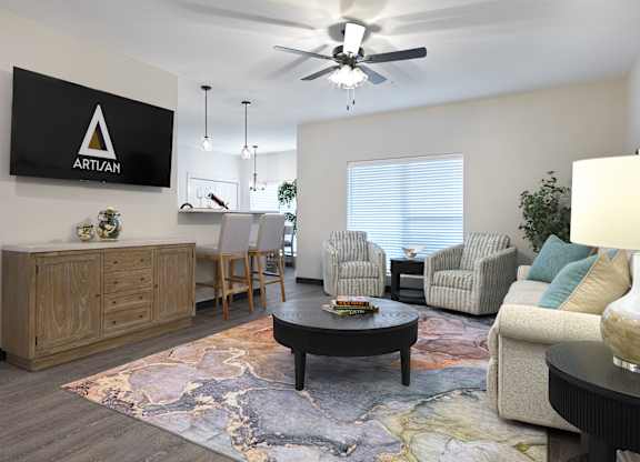 Modern Living room with ceiling fan at Artisan, O’Fallon, Illinois