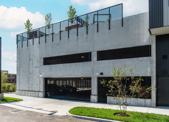 Steelcote Flats exterior gated garage parking at Steelcote Square, Missouri