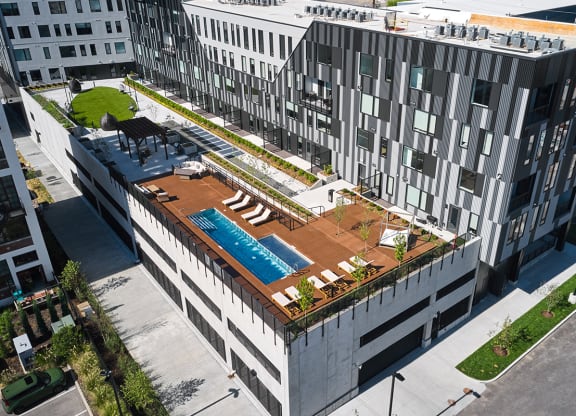 Steelcote Flats amenity deck with pool at Steelcote Square, St. Louis, Missouri