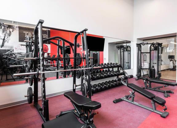 fitness center with free weights at Steelcote Square, St. Louis, Missouri