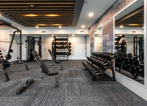 Large modern fitness center with free weights  at Chapter at the Streets of St Charles, Saint Charles, MO