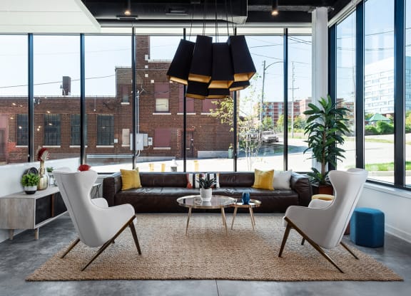  lobby with communal seating and stylish lighting at Steelcote Square, Missouri, 63103